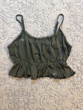 American Eagle Green Floral-Embroidered Babydoll Crop Top